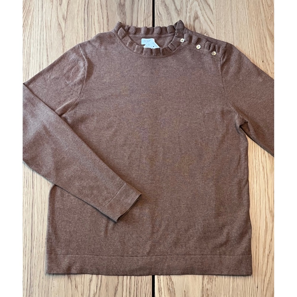J.Crew Ruffle Neck Button Shoulder Sweater Women XL Brown Preppy Cotton BC568
